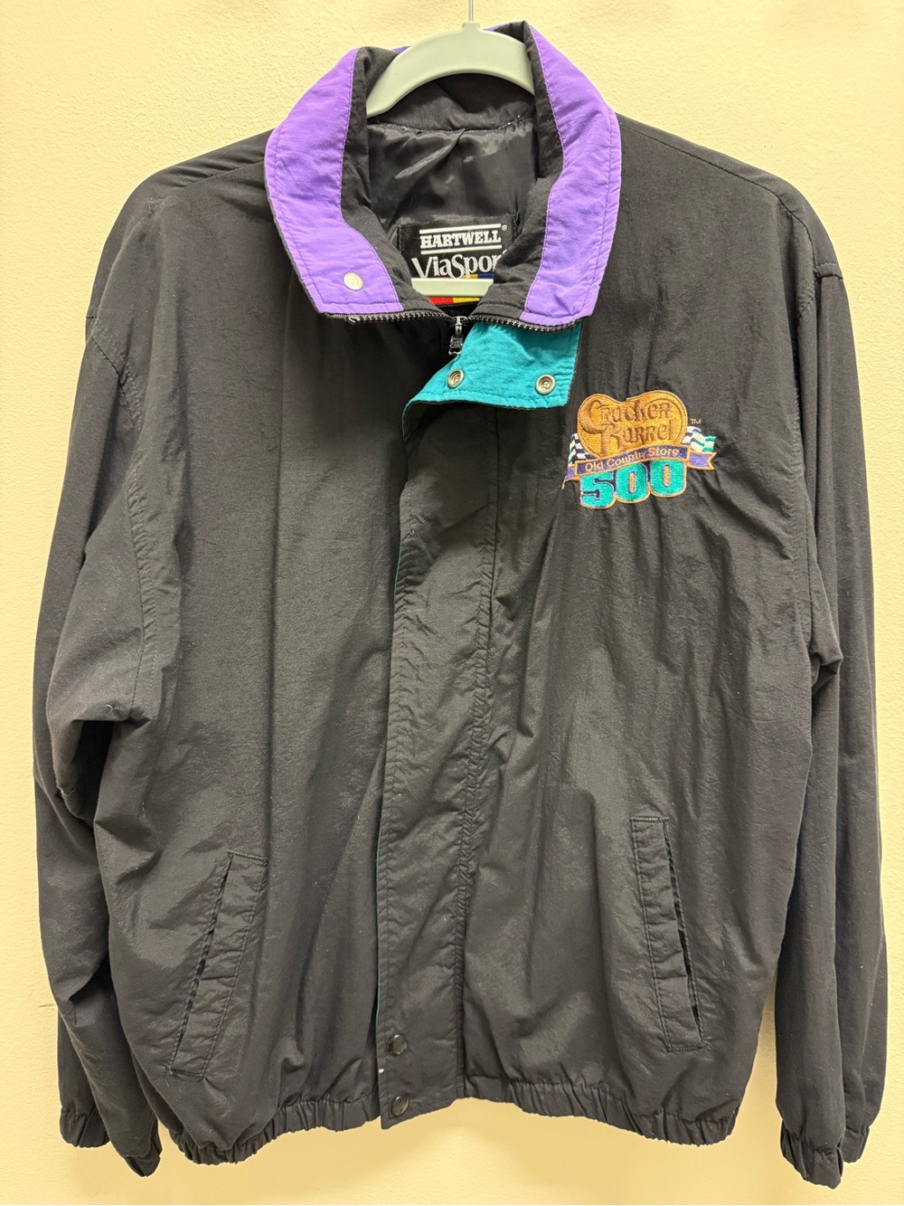 Black Windbreaker Jacket with Purple Collar and Teal Trim